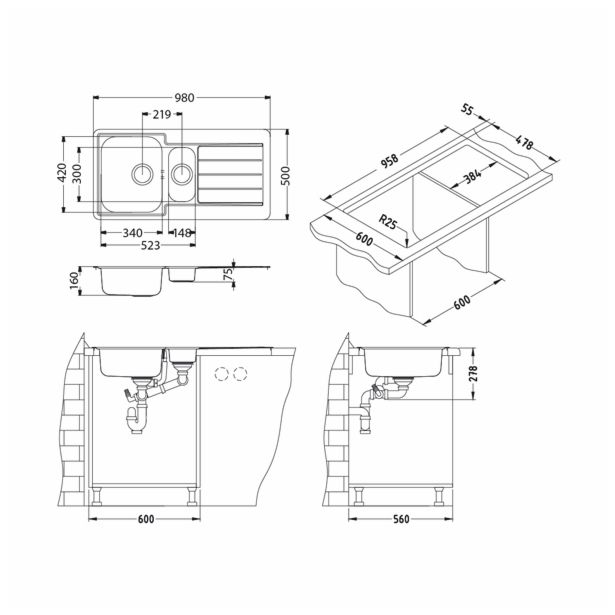 NERJAVNO POMIVALNO KORITO ALVEUS LINE 10, SATIN 980X500 MM
