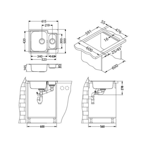 NERJAVNO POMIVALNO KORITO ALVEUS LINE 50, NAT 615X500 MM