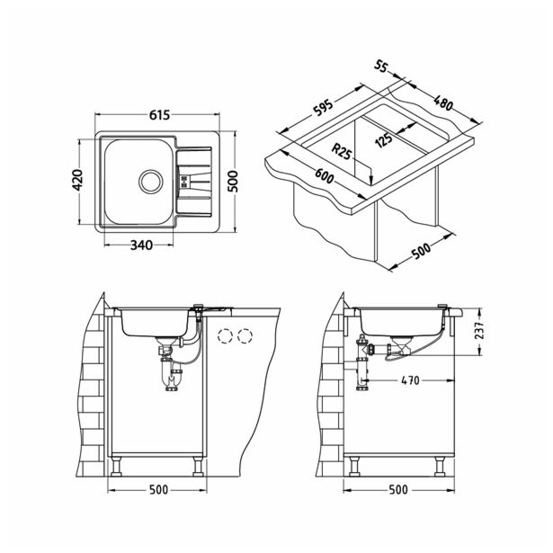 NERJAVNO POMIVALNO KORITO ALVEUS LINE 60, SATIN 615X500 MM