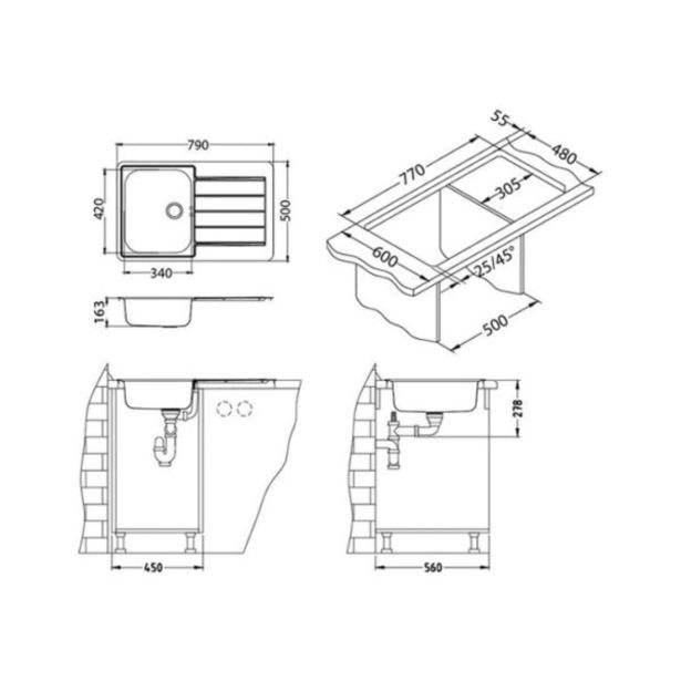 NERJAVNO POMIVALNO KORITO ALVEUS LINE 80, LEINEN 790X500 MM