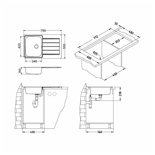 NERJAVNO POMIVALNO KORITO ALVEUS LINE 80, SATIN 790X500 MM