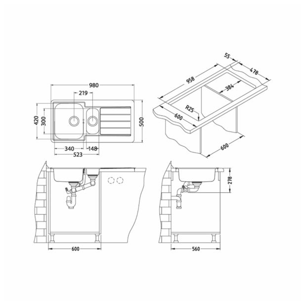 NERJAVNO POMIVALNO KORITO ALVEUS MONARCH LINE 10 ANTHRACIT 980X500 MM