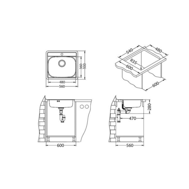 NERJAVNO POMIVALNO KORITO ALVEUS MORE 10, SATIN 560X500 MM