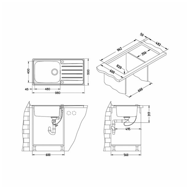 NERJAVNO POMIVALNO KORITO ALVEUS PRAKTIK 100, SATIN 980X500 MM