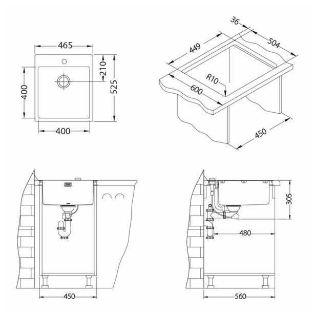 NERJAVNO POMIVALNO KORITO ALVEUS PURE 20, SATIN 465X525 MM