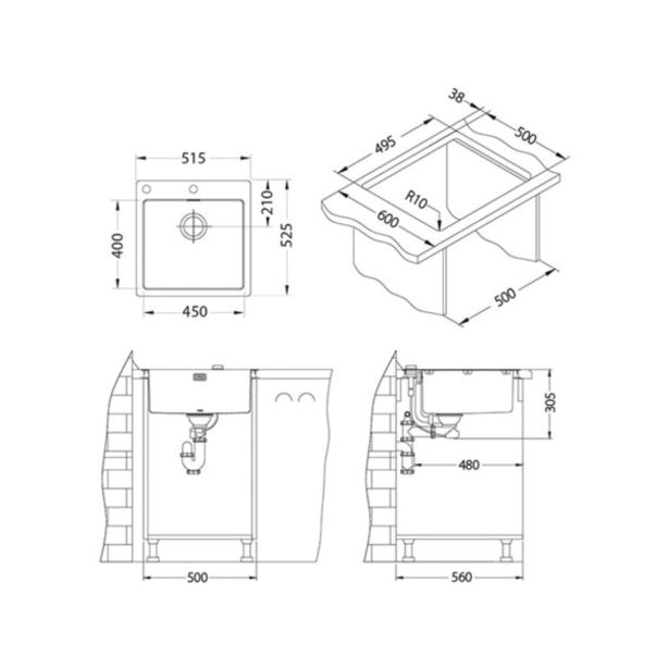 NERJAVNO POMIVALNO KORITO ALVEUS PURE UP 30, SATIN 515X525 MM