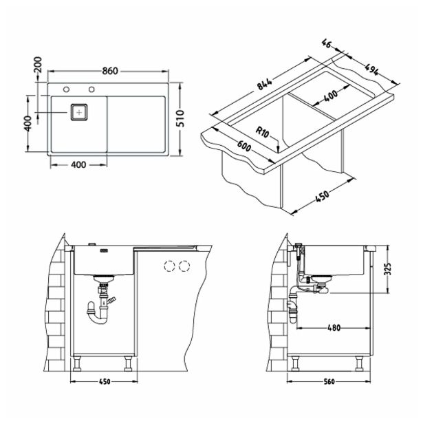 NERJAVNO POMIVALNO KORITO ALVEUS STYLUX 50, DESNI, SATIN 860X510 MM