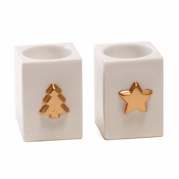 NOVOLETNI SVEČNIK R+W KERAMIČNI BELI 7X10 CM ZLATI DEKOR ZVEZA/JELKA