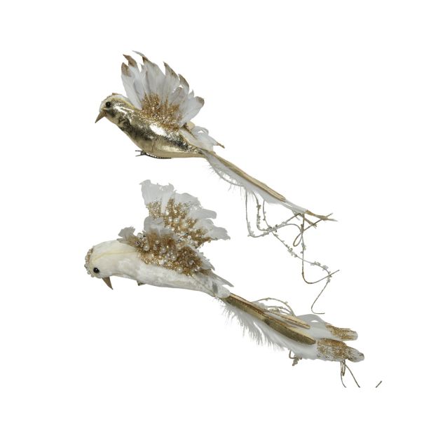 OKRASEK ZA JELKO DECORIS PTIČ NA SPONKI BELA/ZLATA 16X17X40 CM SORT