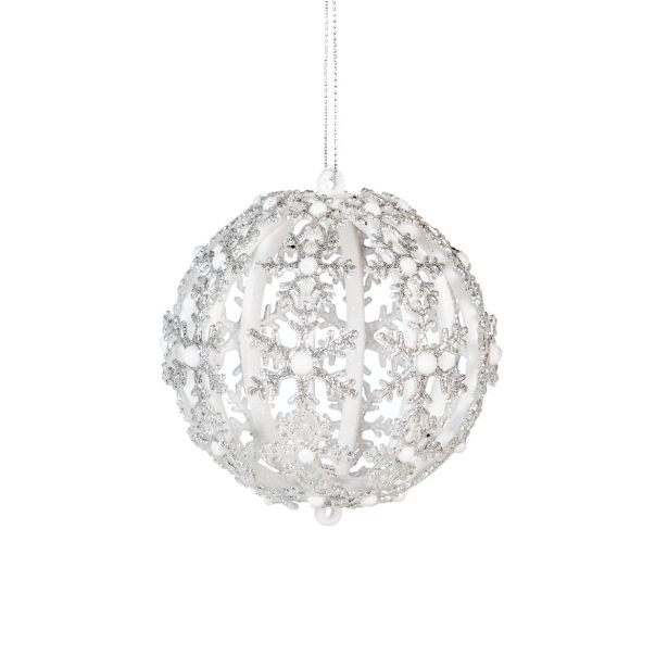 OKRASEK ZA JELKO GLOSSTYLE KROGLA S SNEŽIKAMI SREBRN A BELA FI 8 CM