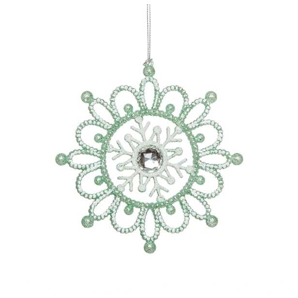 OKRASEK ZA JELKO GLOSSTYLE SNEŽINKA SV. ZELENA 14 CM PREMERA