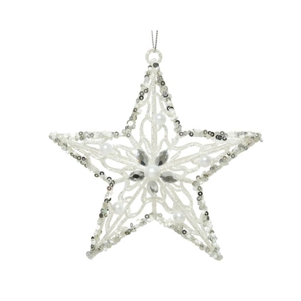 OKRASEK ZA NOVOLETNO JELKO - ZVEZDA, BELE BARVE Z BLEŠČICAMI, 13 CM