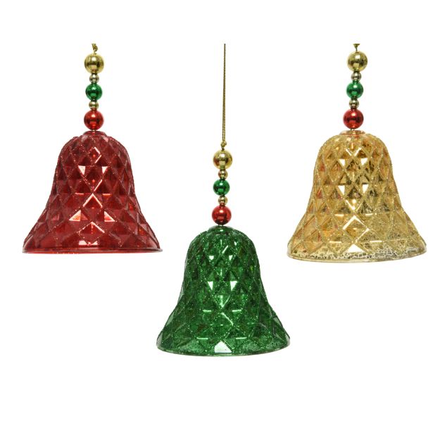 OKRASEK ZA NOVOLETNO JELKO - ZVONČEK, ZLATE/RDEČE/ZELENE BARVE