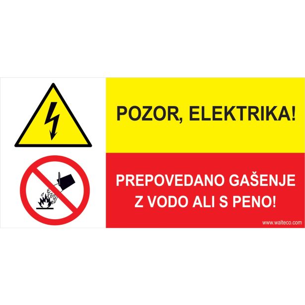 OPOZORILNI ZNAK WALTECO POZOR ELEKTRIKA, PREPOVED GAŠENJA Z VODO ALI PENO