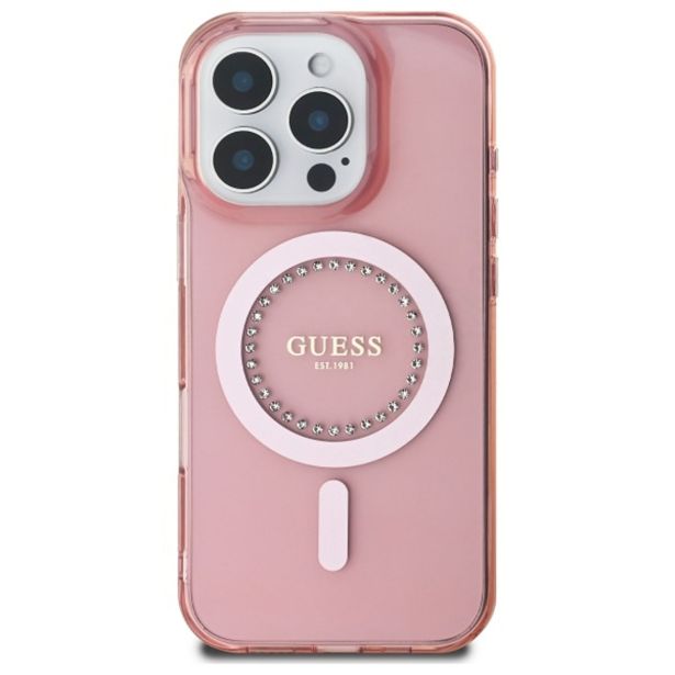 ORIGINALNI GUESS OVITEK GUHMP16LPFTDTEP ZA IPHONE 16 PRO - MAGSAFE - ROZA S KRISTALČKI