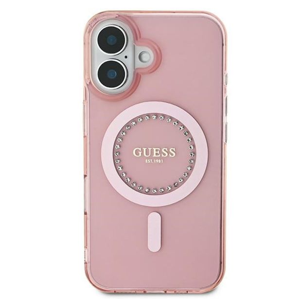 ORIGINALNI GUESS OVITEK GUHMP16SPFTDTEP ZA IPHONE 16 - MAGSAFE - ROZA S KRISTALČKI