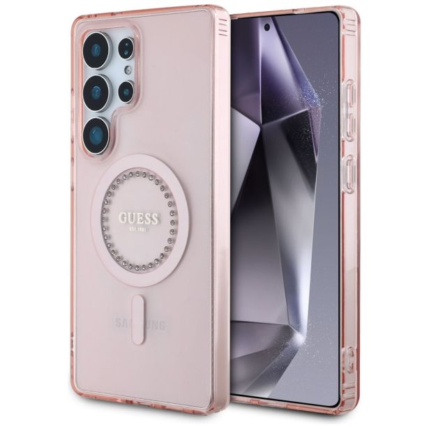 OVITEK ZA TELEFON ZA SAMSUNG GALAXY S25 ULTRA 5G - ORIGINALNI GUESS MAGSAFE - ROZA S KRISTALČKI