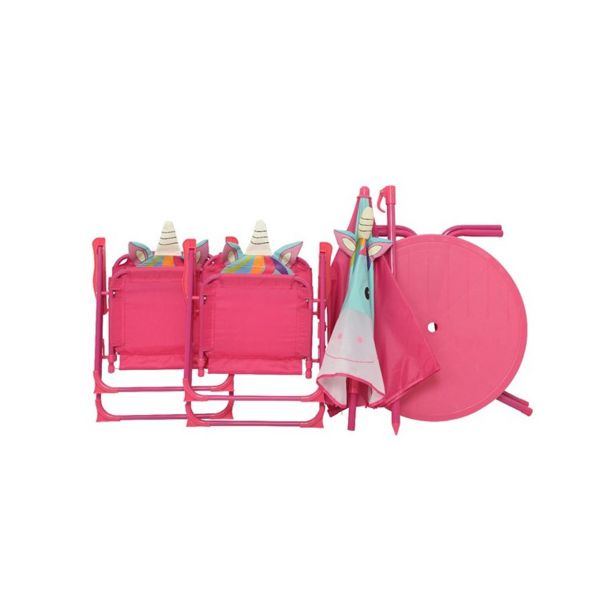 OTROŠKI KAMP STOL DECORIS OTROŠKI SET UNICORN MIZA, 2 STOLA, SENČNIK