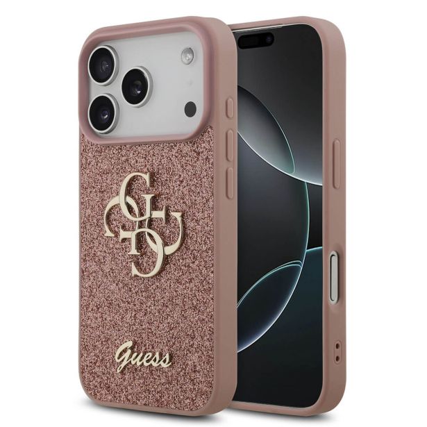 GUESS GUHCP17LHG4SGP SILIKONSKI OVITEK ZA IPHONE 17 PRO - ROZA Z BLEŠČICAMI IN ZLATIM LOGOM