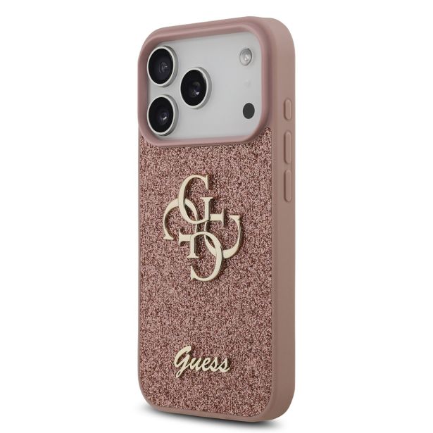 GUESS GUHCP17LHG4SGP SILIKONSKI OVITEK ZA IPHONE 17 PRO - ROZA Z BLEŠČICAMI IN ZLATIM LOGOM