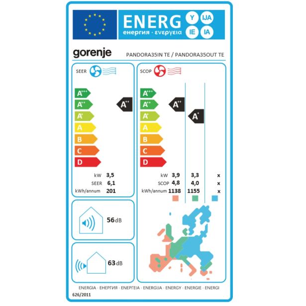 SPLIT ENOJNA INVERTER GORENJE PANDORA 35 TE 3.5KW, NOTR+ZUN ENOTA