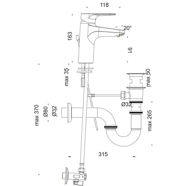 PIPA ZA UMIVALNIK UNITAS INFINITY POVIŠANA STOJEČA SIFON, KOTNA VENTILA