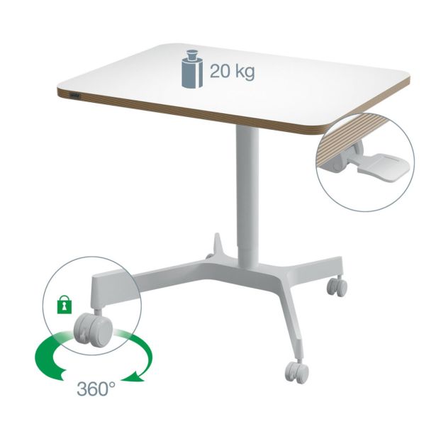 PISALNA MIZA LEITZ COSY-WOW ERGO 80X60CM DVIŽNA BELA NA KOLEŠČKIH