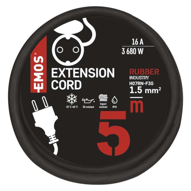 PODALJŠEK EMOS 5M ŠUKO VTIKAČ + VTIČNICA H05RR-F 3X1.5 GUMA ČRN