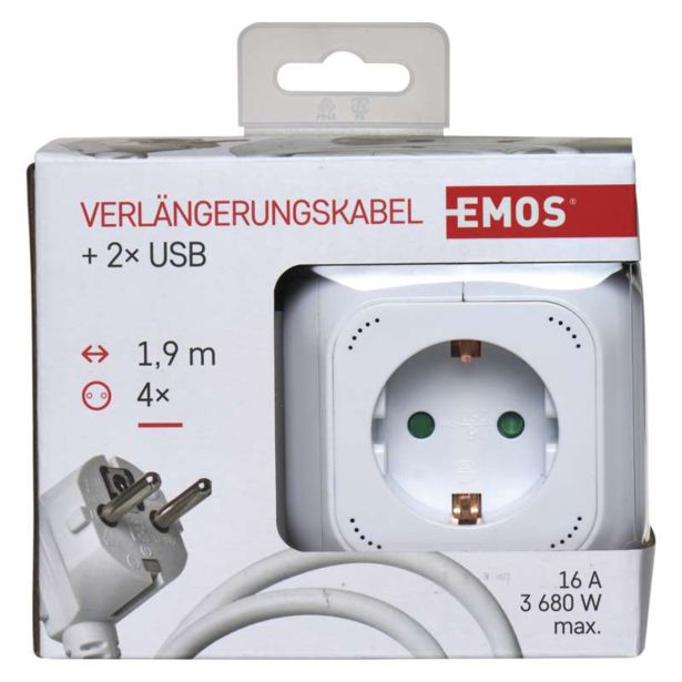 PODALJŠEK EMOS 4 VTIČNICE + 2XUSB H05VV-F 3G1.5 1.9M, KOCKA
