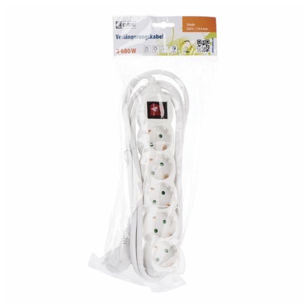 PODALJŠEK S STIKALOM EMOS 5 ŠUKO VTIČNIC 3M H05VV-F 3G1.5 PVC BELI