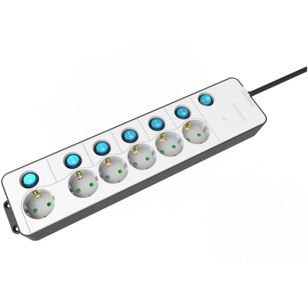 PODALJŠEK S STIKALOM ENTAC 6 SCHUKO VTIČNIC BEL 1.5M Z LOČENIMI STIKALI