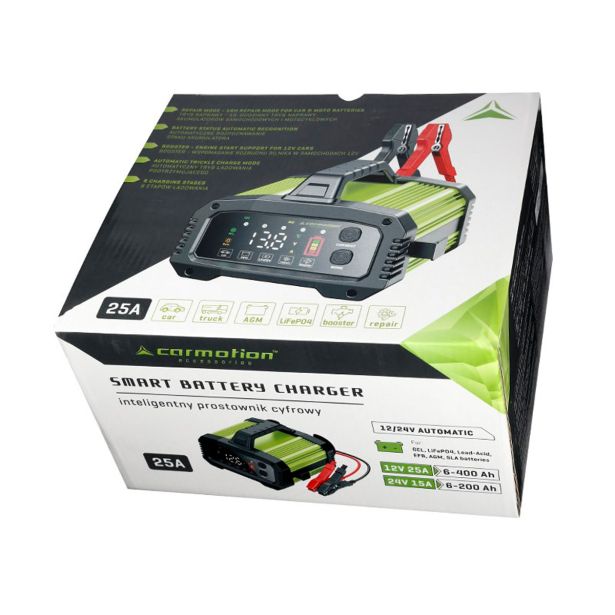 POLNILNIK AKUMULATORJEV CARMOTION DIGITALNI 12V 25A 6-400 AH 24V 15A 6-200 AH