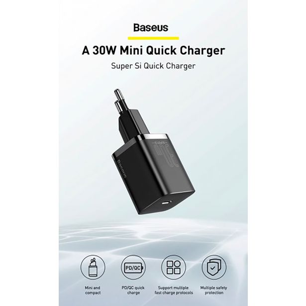 POLNILNIK ZA GSM BASEUS POLNILEC SUPER QUICK 30W BASEUS USB-C ČRN