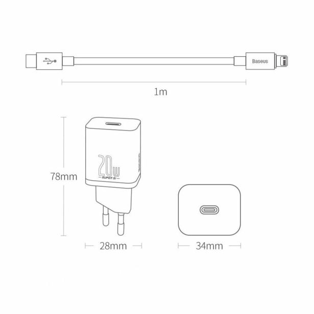 POLNILNIK ZA GSM BASEUS POLNILEC USB-C QUICK 20W BASEUS, LIGHTNING, BEL