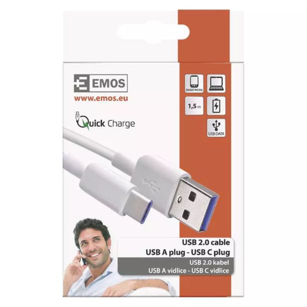 POLNILNIK ZA GSM EMOS USB 2.0 A/M-C/M 1.5M BELA
