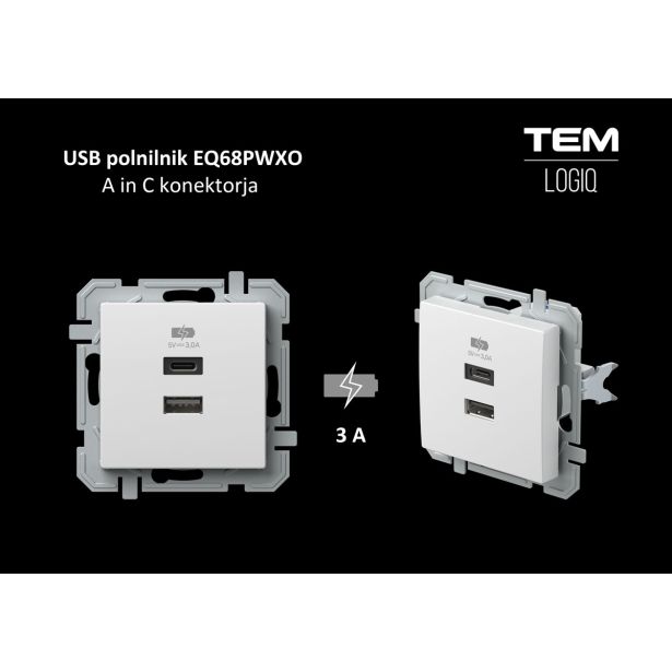 POSEBNA VTIČNICA MODUL POLNILNIK 2X USB A+C BEL 5V 3.0A