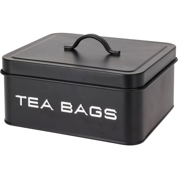 POSODA ZA SHRANJEVANJE EH KOVINSKA ŠKATLA ČRNA ZA ČAJNE VREČKE Z NAPISOM