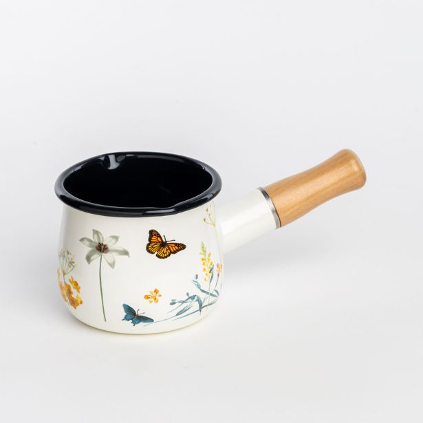 POSODA ZA TOPLE NAPITKE ENAMELIE LONČEK 10 CM- 0.55 L IRIS TREBUŠAST Z DOLG. ROČAJEM