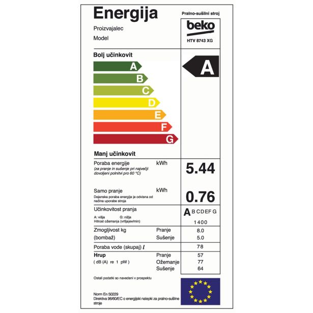 PRALNO-SUŠILNI STROJ BEKO HTV 8743 XG