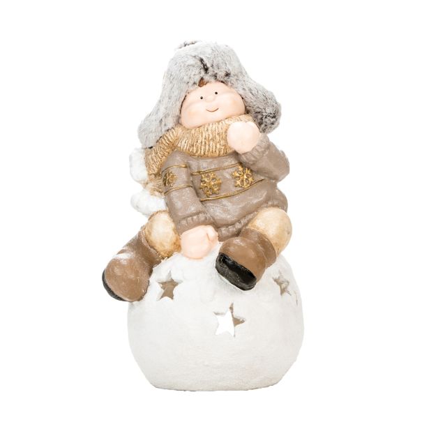 PRAZNIČNA FIGURA GLOSSTYLE DEČEK NA KROGLI 49 CM ZA ČAJNO SVEČKO RJAVI