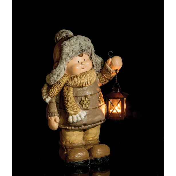 PRAZNIČNA FIGURA GLOSSTYLE DEČEK Z LANTERNO 42 CM ZA ČAJNO SVEČKO RJAVI