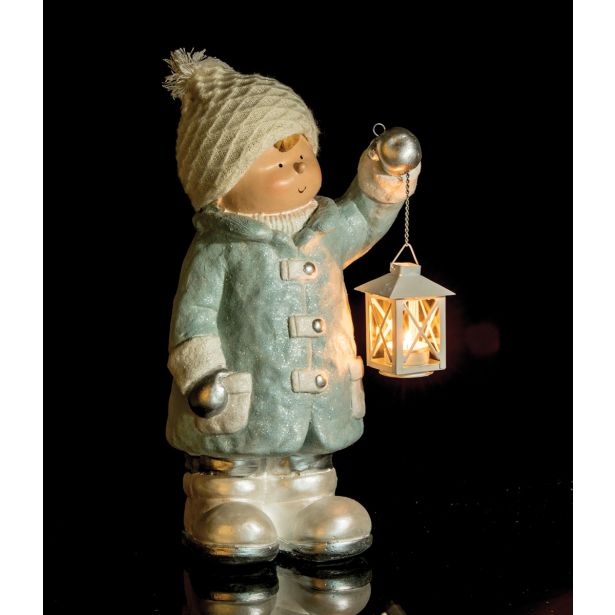 PRAZNIČNA FIGURA GLOSSTYLE DEČEK Z LANTERNO 47 CM ZA ČAJNO SVEČKO MODRA