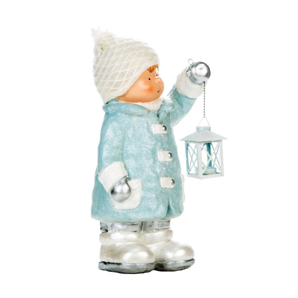PRAZNIČNA FIGURA GLOSSTYLE DEČEK Z LANTERNO 47 CM ZA ČAJNO SVEČKO MODRA