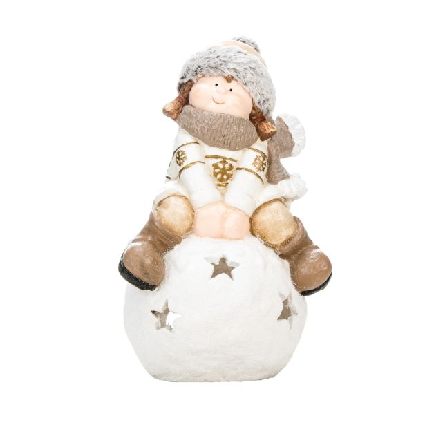 PRAZNIČNA FIGURA GLOSSTYLE DEKLICA NA KROGLI 49 CM ZA ČAJNO SVEČKO RJAVA