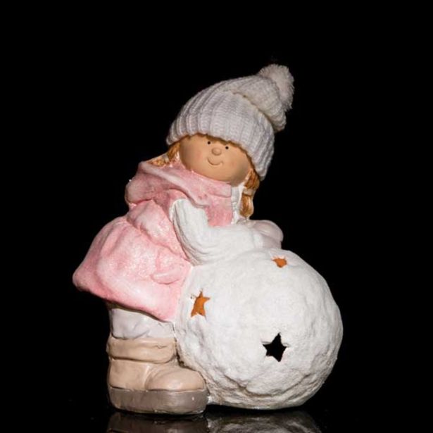 PRAZNIČNA FIGURA GLOSSTYLE DEKLICA S SNEŽENO KEPO 39 CM ZA ČAJNO SVEČKO ZELENI