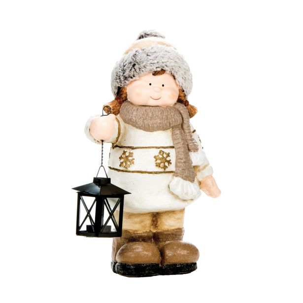 PRAZNIČNA FIGURA GLOSSTYLE DEKLICA Z LANTERNO 42 CM ZA ČAJNO SVEČKO RJAVA