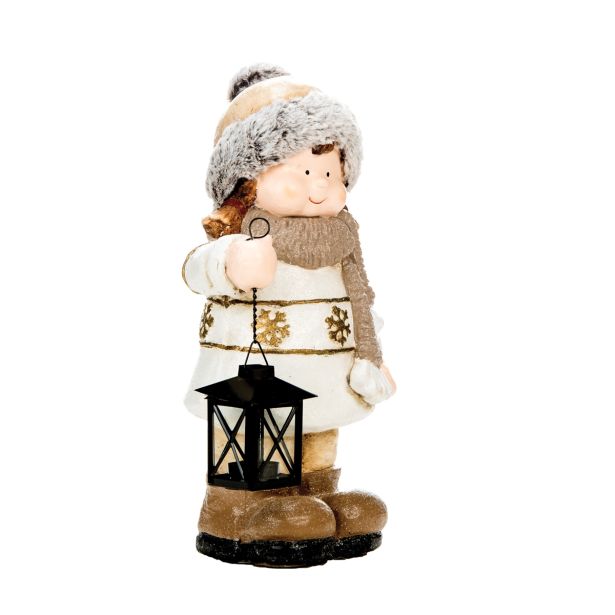 PRAZNIČNA FIGURA GLOSSTYLE DEKLICA Z LANTERNO 42 CM ZA ČAJNO SVEČKO RJAVA
