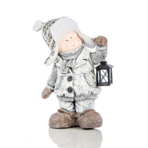 PRAZNIČNA FIGURA GLOSSTYLE OTROK Z LANTERNO 47 CM SIVE BARVE