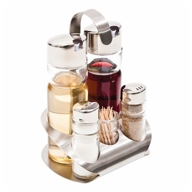 PRIBOR ZA ZAČIMBE 5 DELNI SET; SOL+POPER+ OLJE+KIS+ZOBOT. V STOJALU