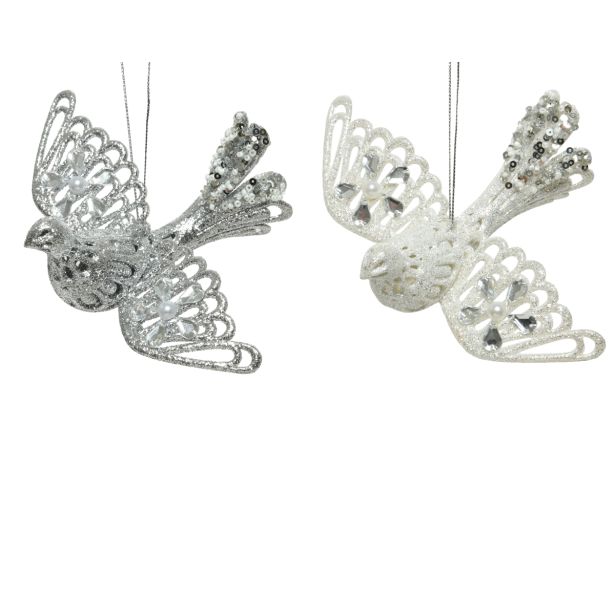 OKRASEK ZA NOVOLETNO JELKO - PTICA, BELE/SREBRNE BARVE Z BLEŠČICAMI, 11X16 CM, SORT
